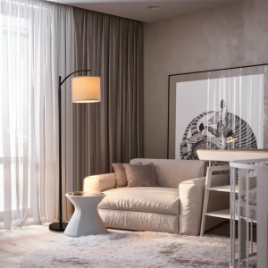 Modern Arched Floor Lamp with Beige Linen Lamp Shade - Image 7